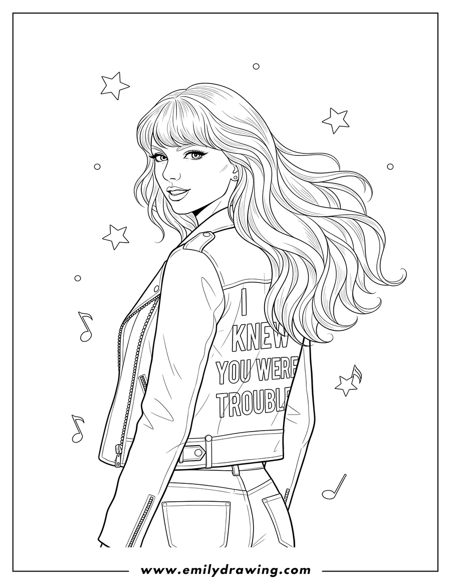 Printable coloring page of taylor Swift looking over her shoulder with long wavy hair, wearing an I Knew You Were Trouble jacket