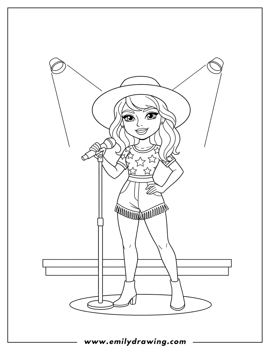 High quality printable easy Taylor Swift performing in a cute outfit, holding a microphone, wearing a hat and shorts for coloring