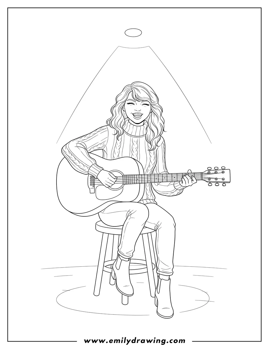 Coloring page of easy Taylor Swift playing an acoustic guitar, smiling, wearing a turtleneck