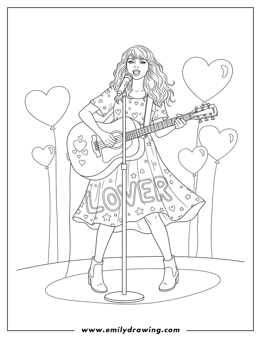 Simple sketch of taylor Swift singing into a microphone and playing an acoustic guitar with Lover written on it to color