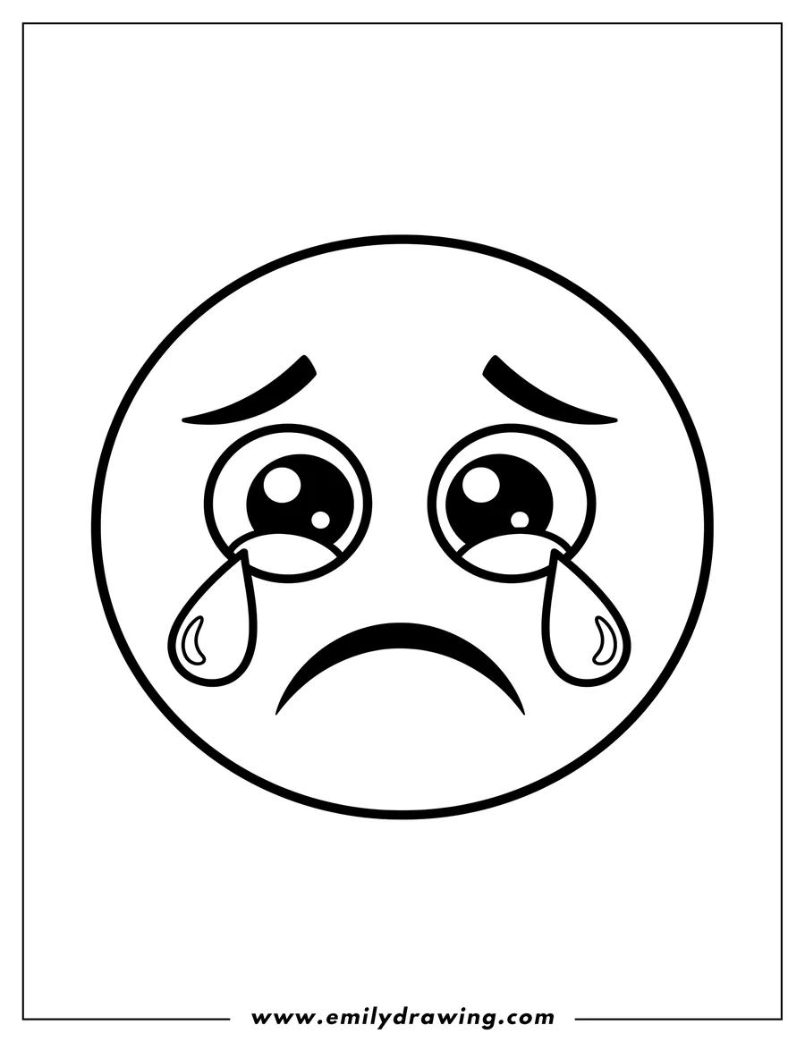 Printable coloring page of sad emoji face with large, pleading eyes, coloring page for preschoolers