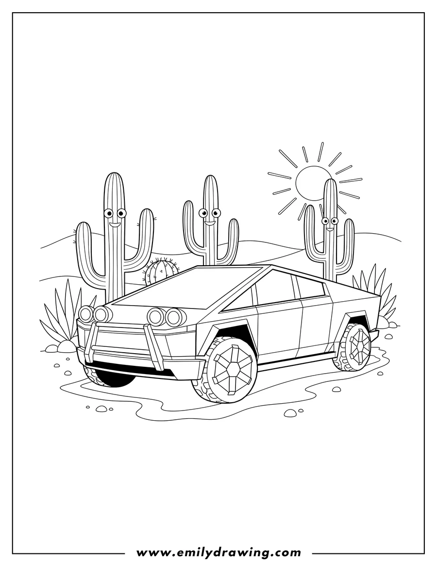 Vector style outline of tesla Cybertruck with spotlights in a desert with cacti