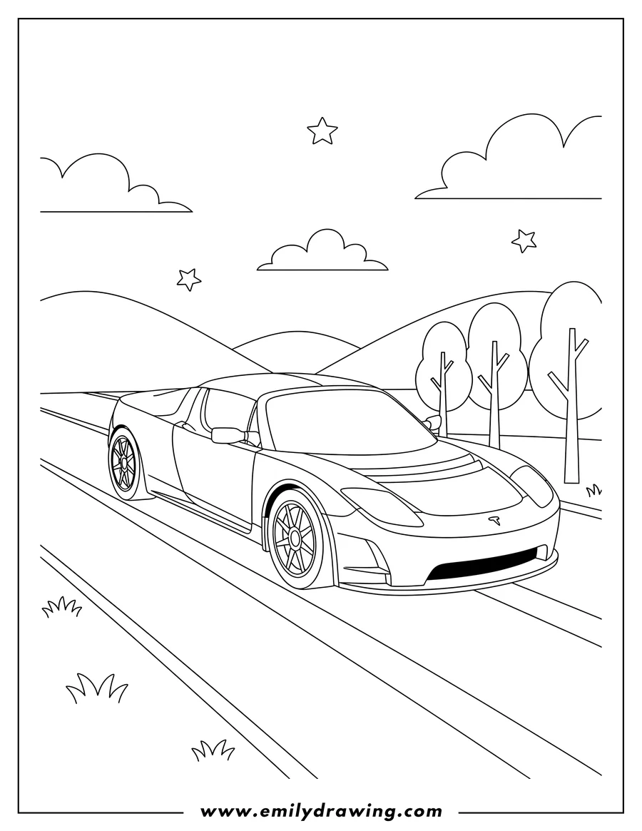 Free printable coloring sheet of [Scene]: Tesla Roadster 1 Scaled, driving on a curved road