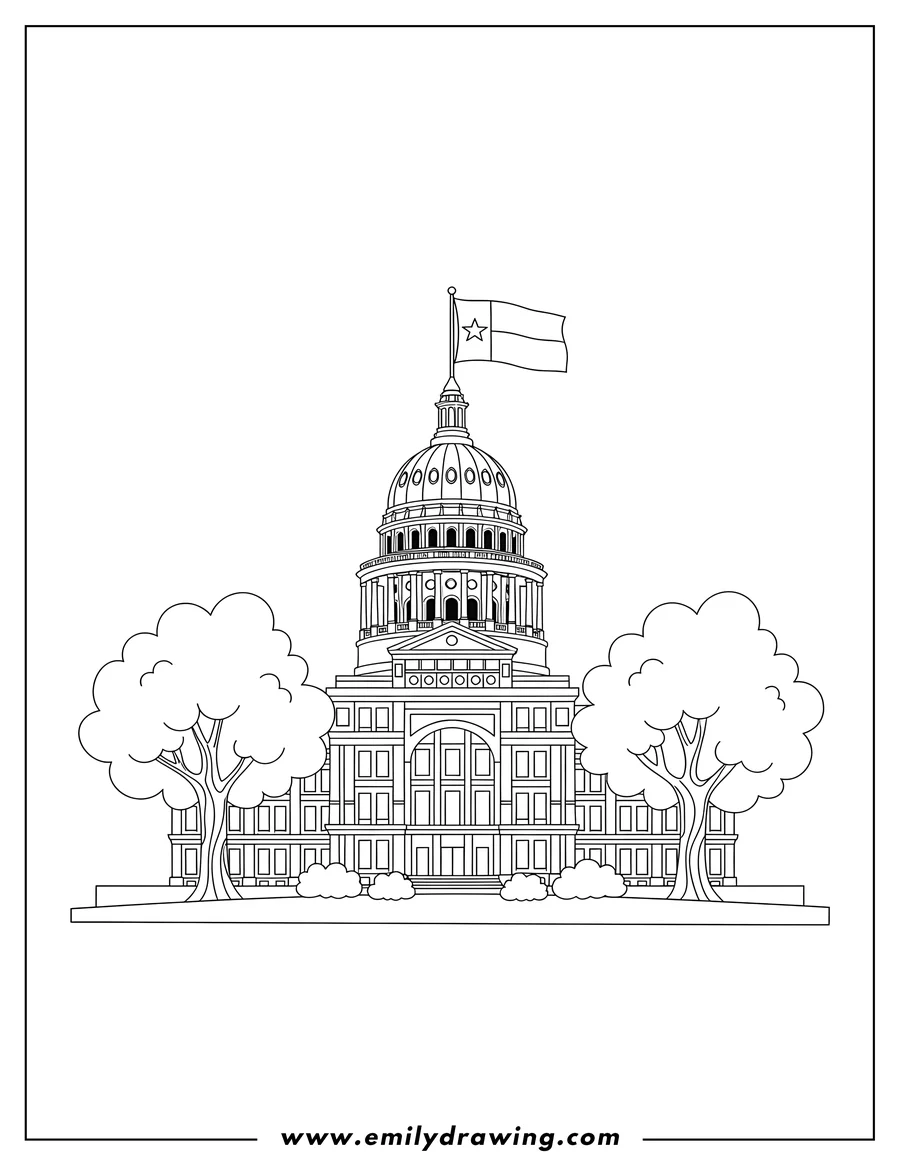 PDF style coloring page: texas Capitol with a flag flying and trees