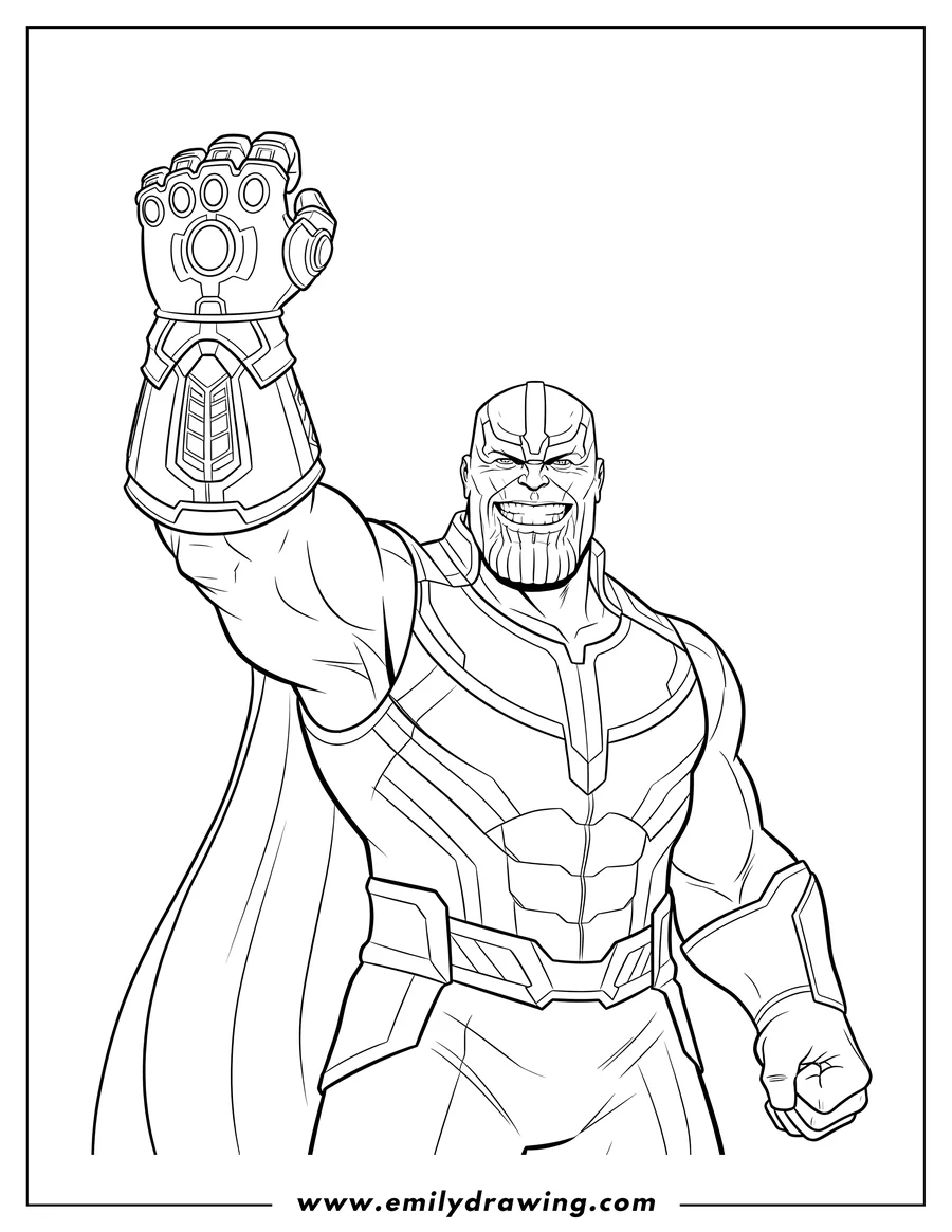 Simple sketch of thanos in his helmet smirking menacingly, holding up the Infinity Gauntlet to color