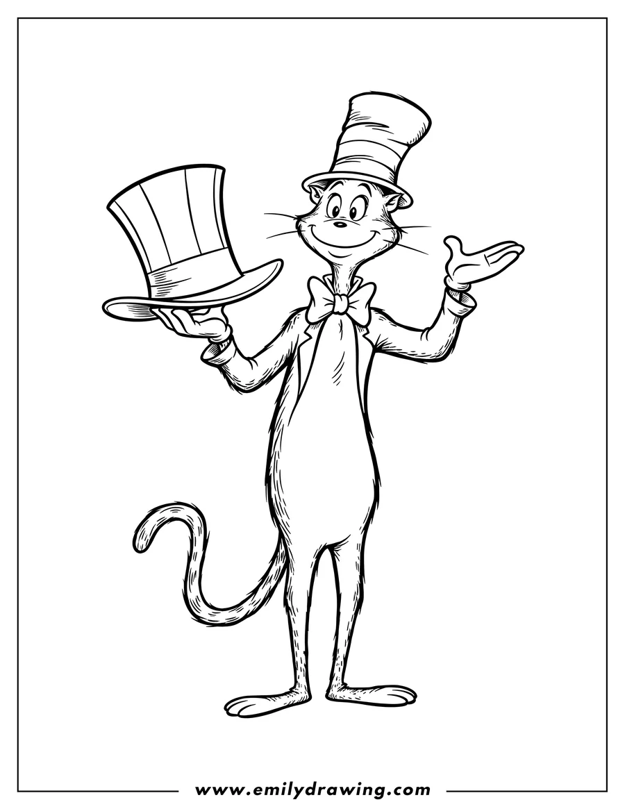 Full page coloring image of the Cat in the Hat holding his striped hat and raising his hand