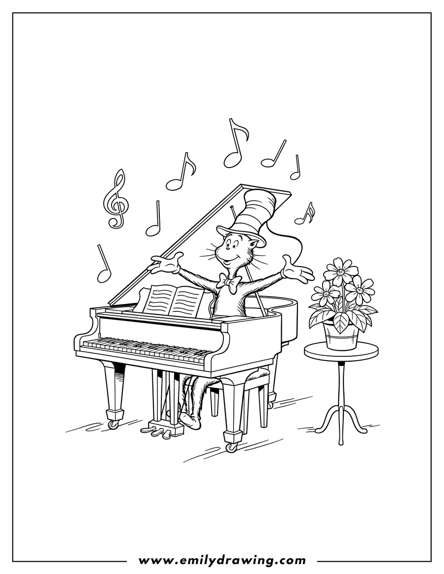 Free to print drawing of the Cat in the Hat playing the piano, with musical notes and a potted flower