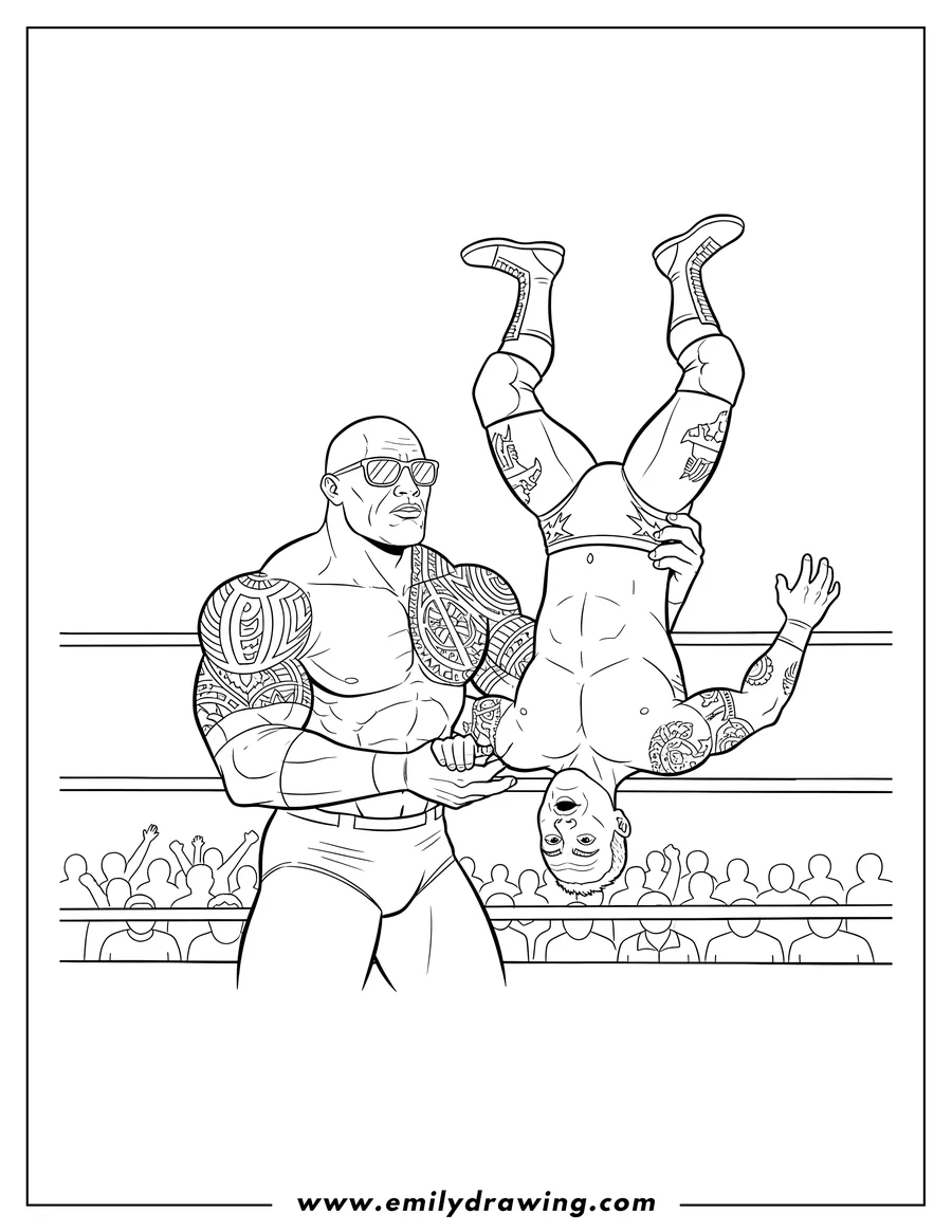 Clean line drawing: the Rock, with sunglasses and tattoos, lifting a wrestler upside down