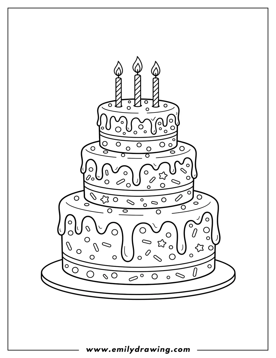 Printable line art of A third birthday cake with three lit candles, sprinkles, and dripping frosting for preschoolers