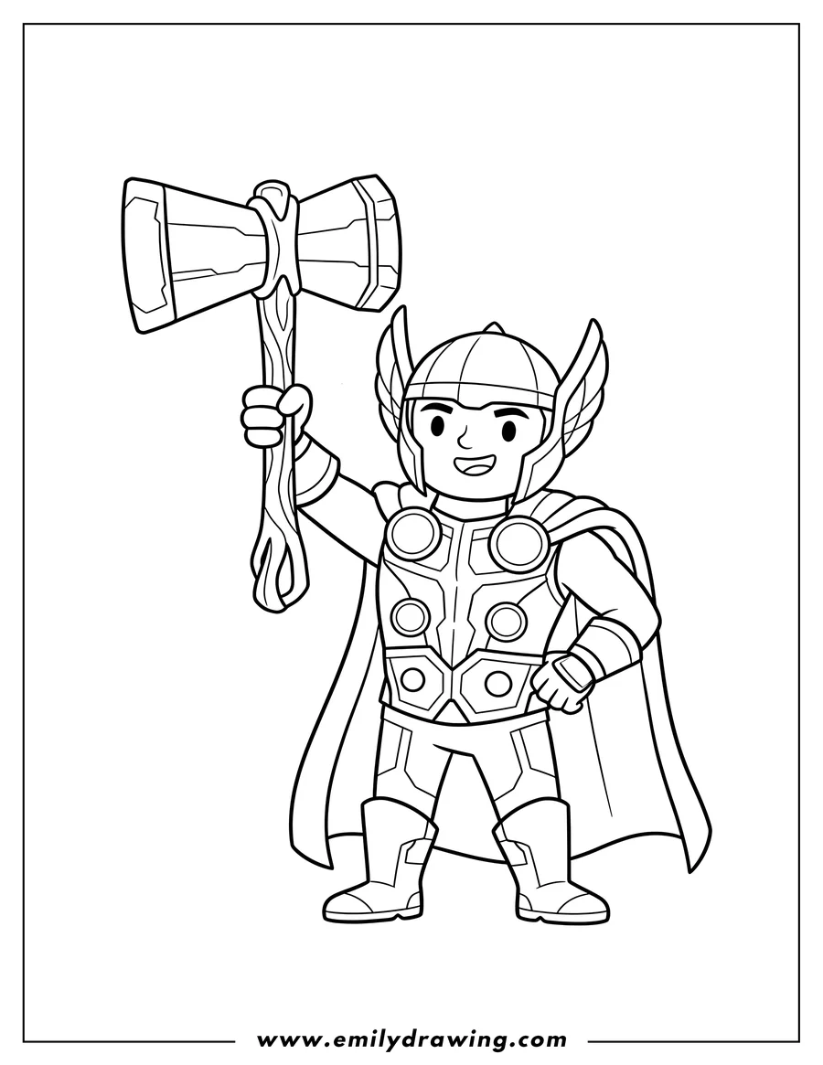 Full page coloring image of easy Thor holding Stormbreaker