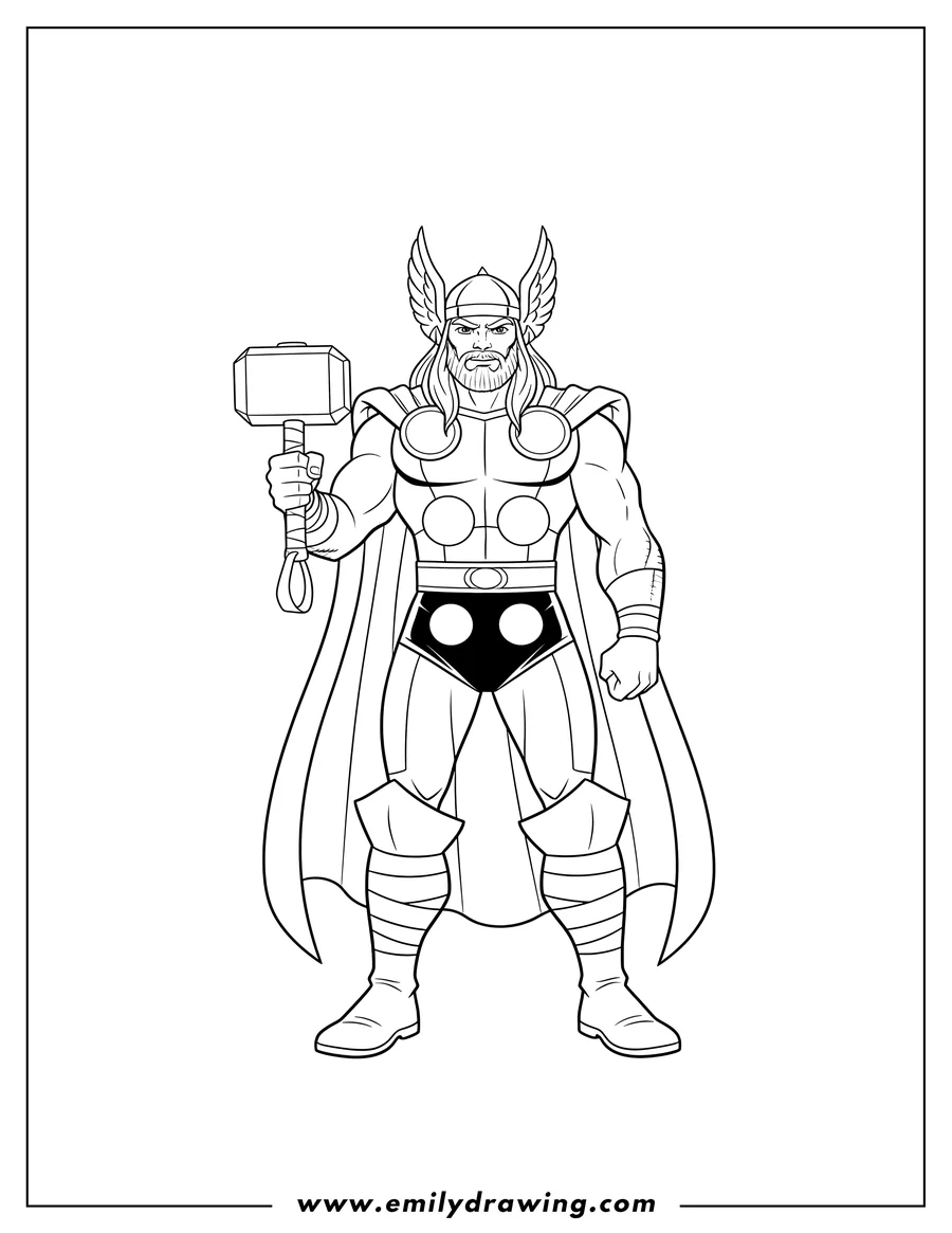 Clean line drawing: thor in his armor holding his hammer, looking determined to color