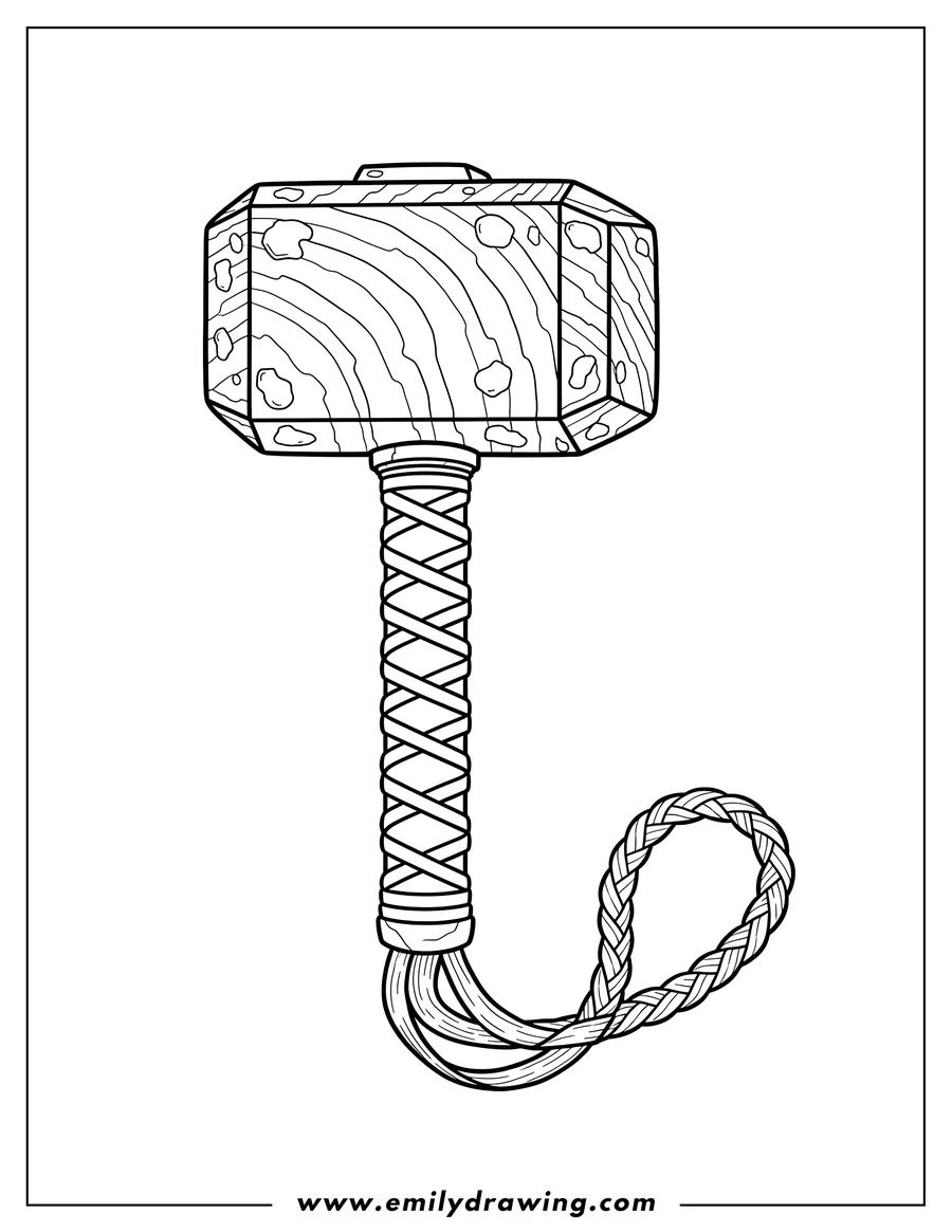Linear illustration of thors Hammer To Color, with a textured head, wrapped handle, and a strap