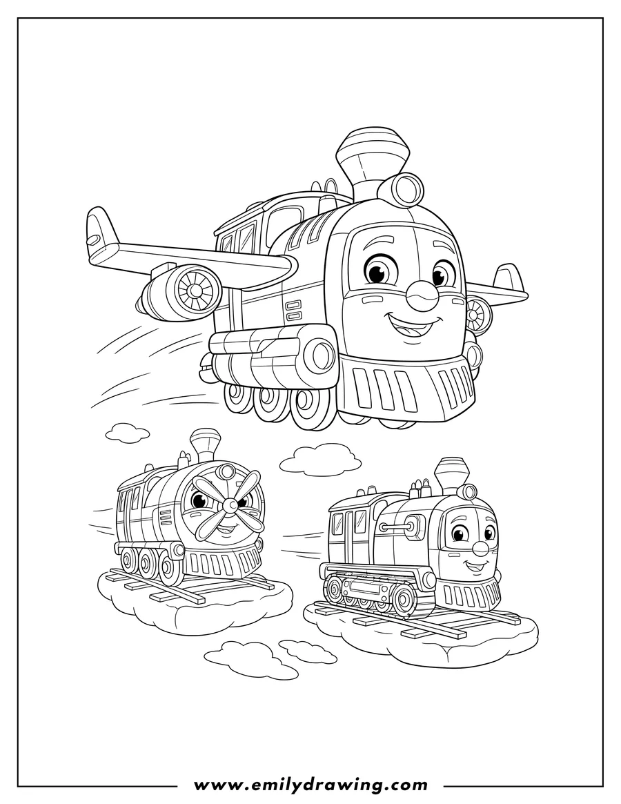 Linear illustration of three cartoon robot trains flying and running