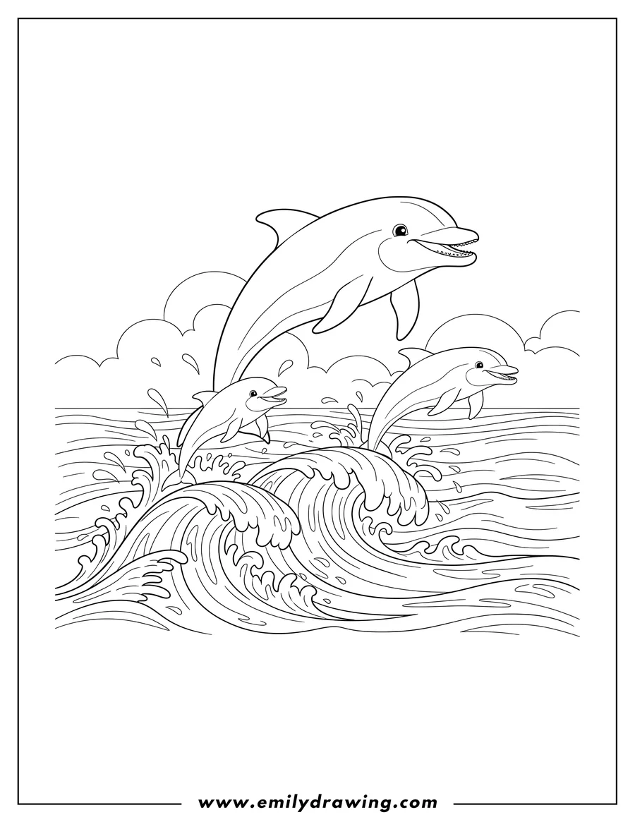 Doodle style coloring picture of three dolphins jumping out of ocean waves