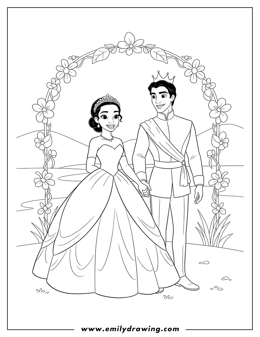 High quality printable easy Tiana And Naveen Wedding, smiling and holding hands for coloring