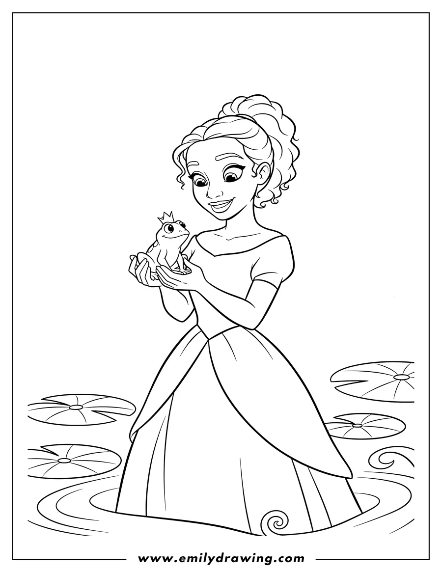 Full page coloring image of easy Tiana holding Naveen as a frog