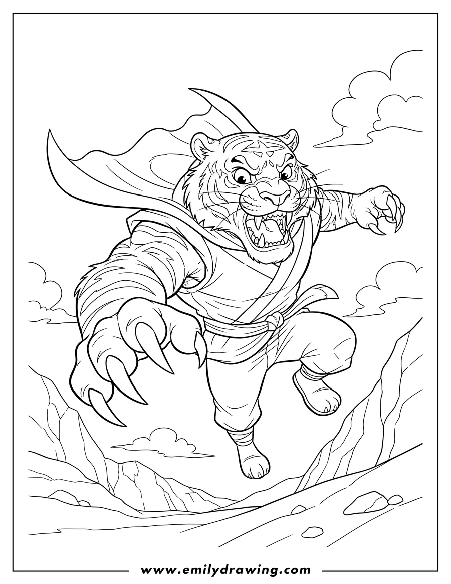 Doodle style coloring picture of tiger Claw attacking, lunging forward with claws extended and teeth bared