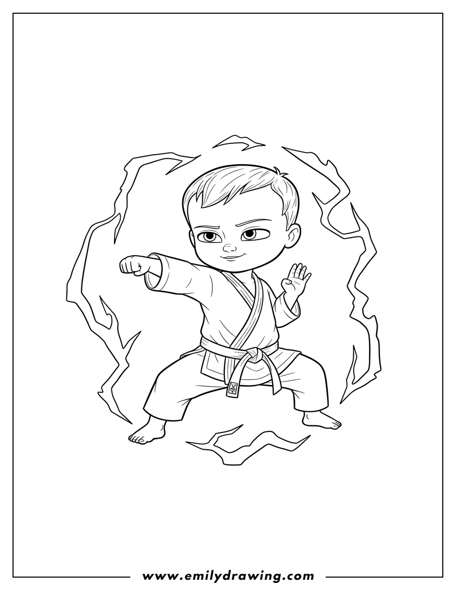 Vector style outline of easy Tim Templeton Doing Karate in a powerful stance, surrounded by lightning