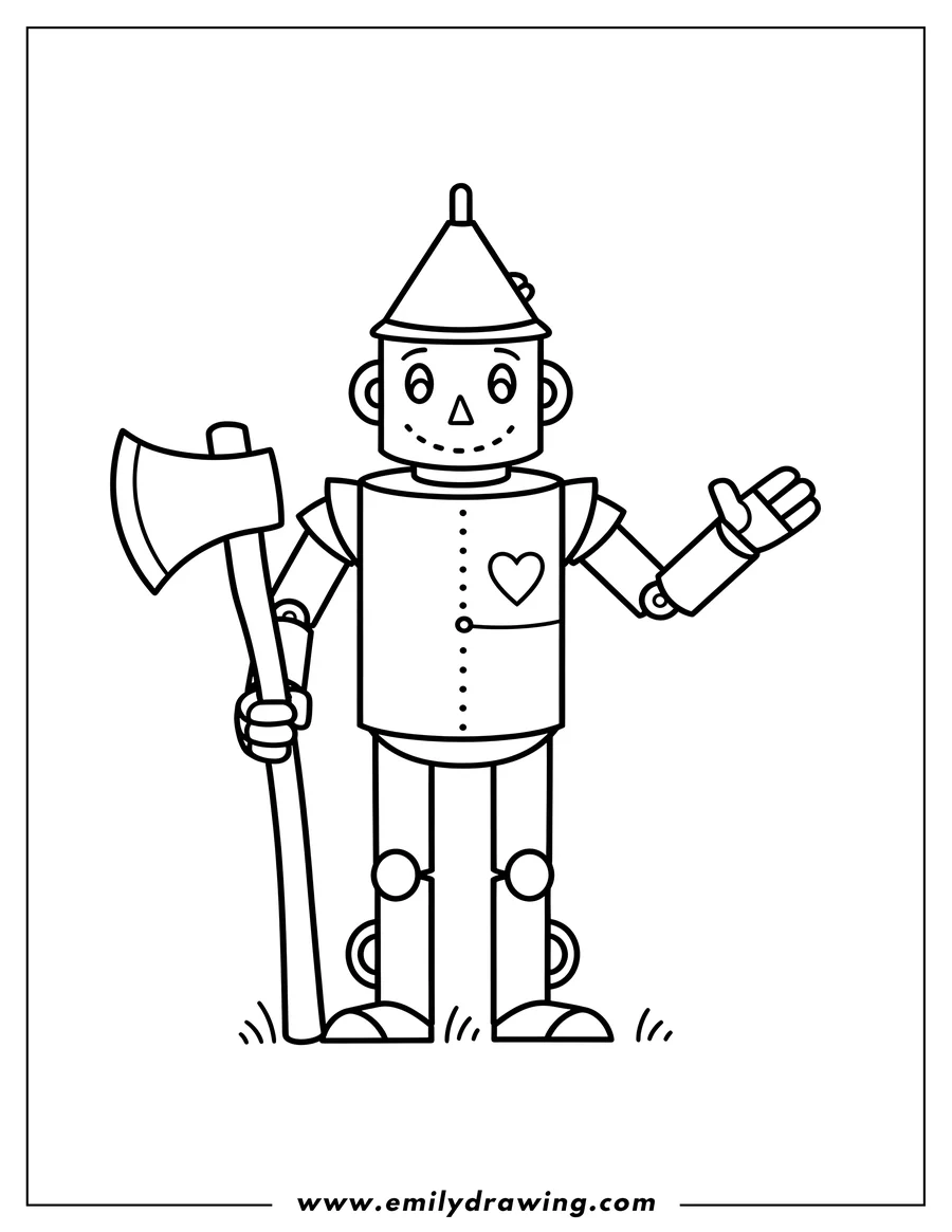 Simple sketch of easy Tin Man standing and holding an axe to color