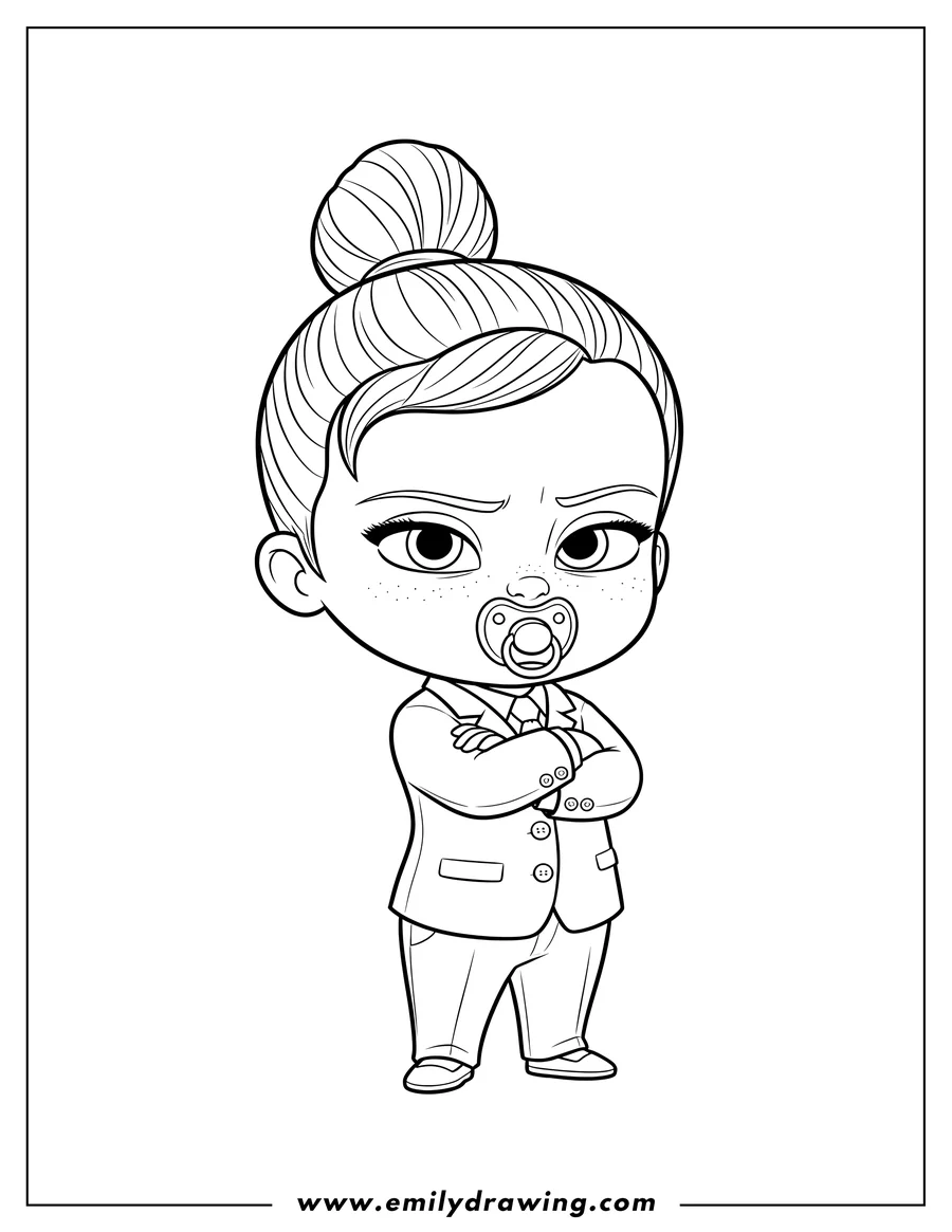 Printable line art of simple Tina Templeton Boss Baby with a top knot, pacifier, in a suit with crossed arms for preschoolers