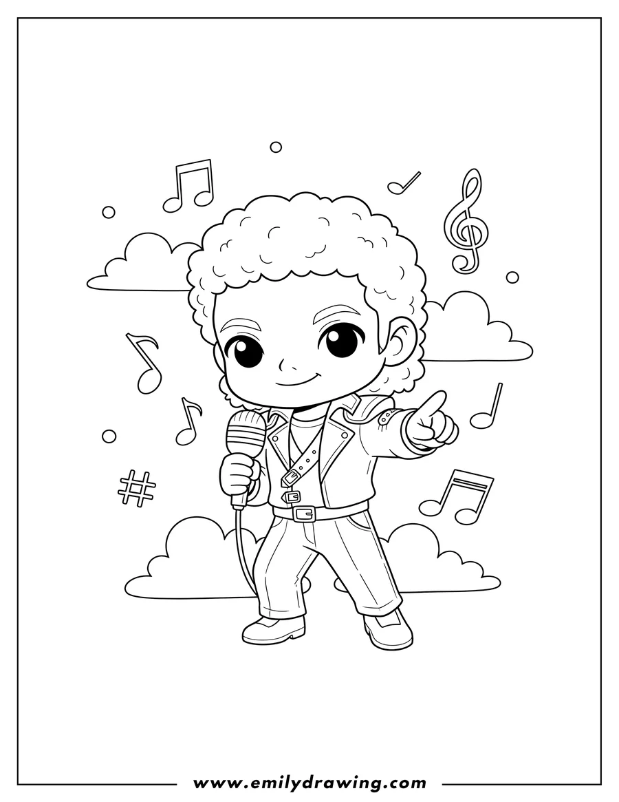 High quality printable tiny Michael Jackson wearing a jacket, holding a microphone, and pointing, surrounded by musical notes and clouds for coloring