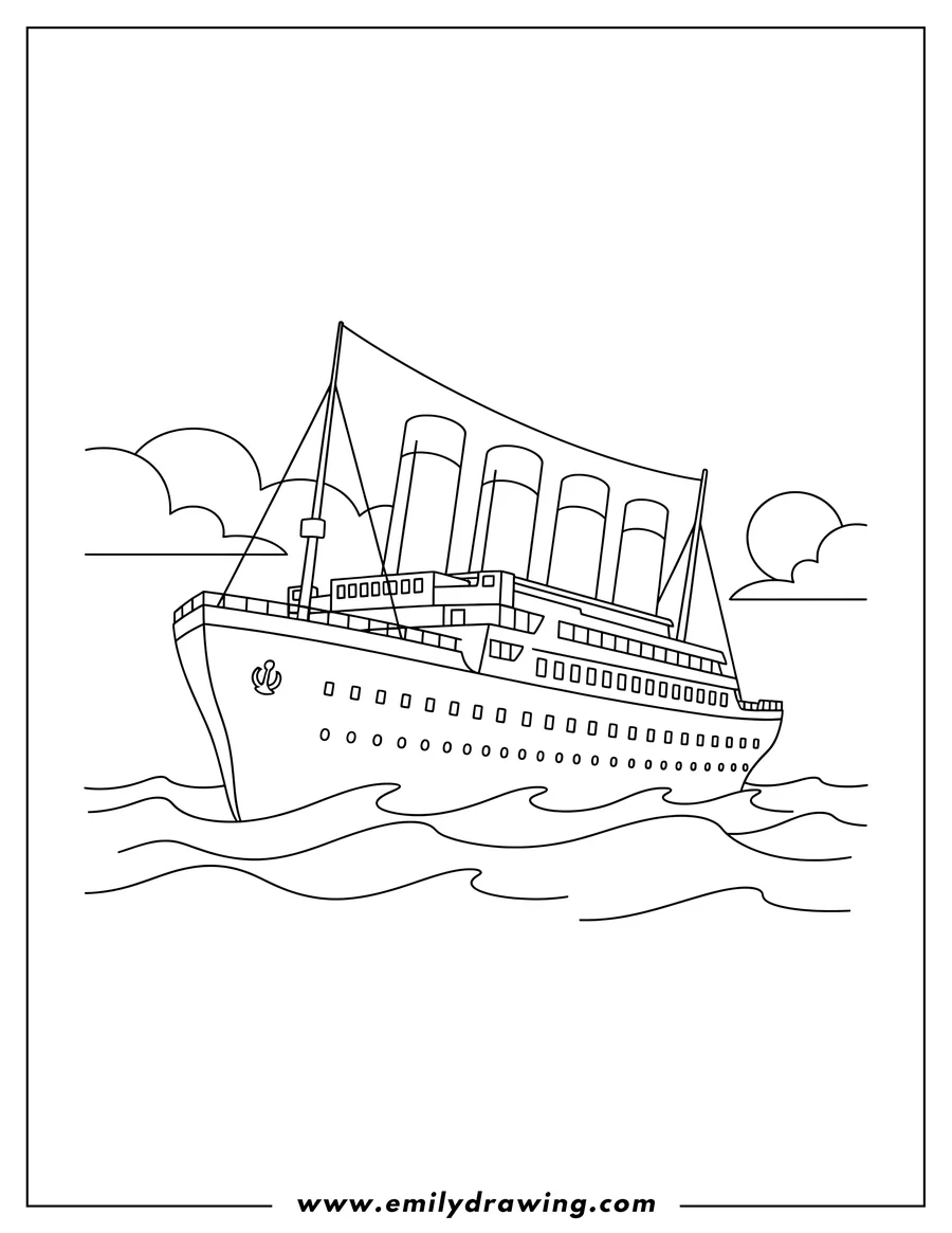 Simple sketch of easy Titanic At Sea with four smokestacks and masts to color