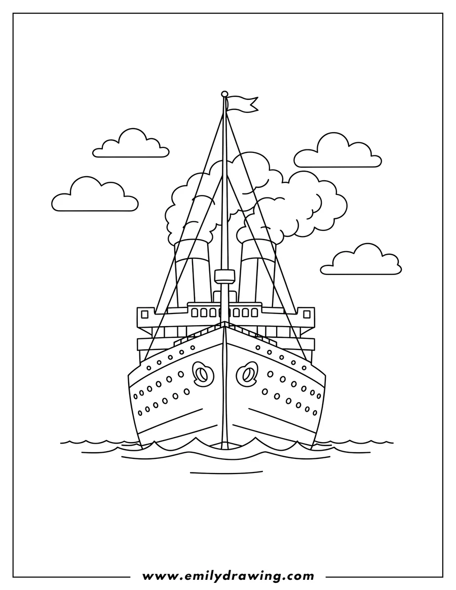 High quality printable titanic Front View, with funnels emitting smoke and a tall mast for coloring