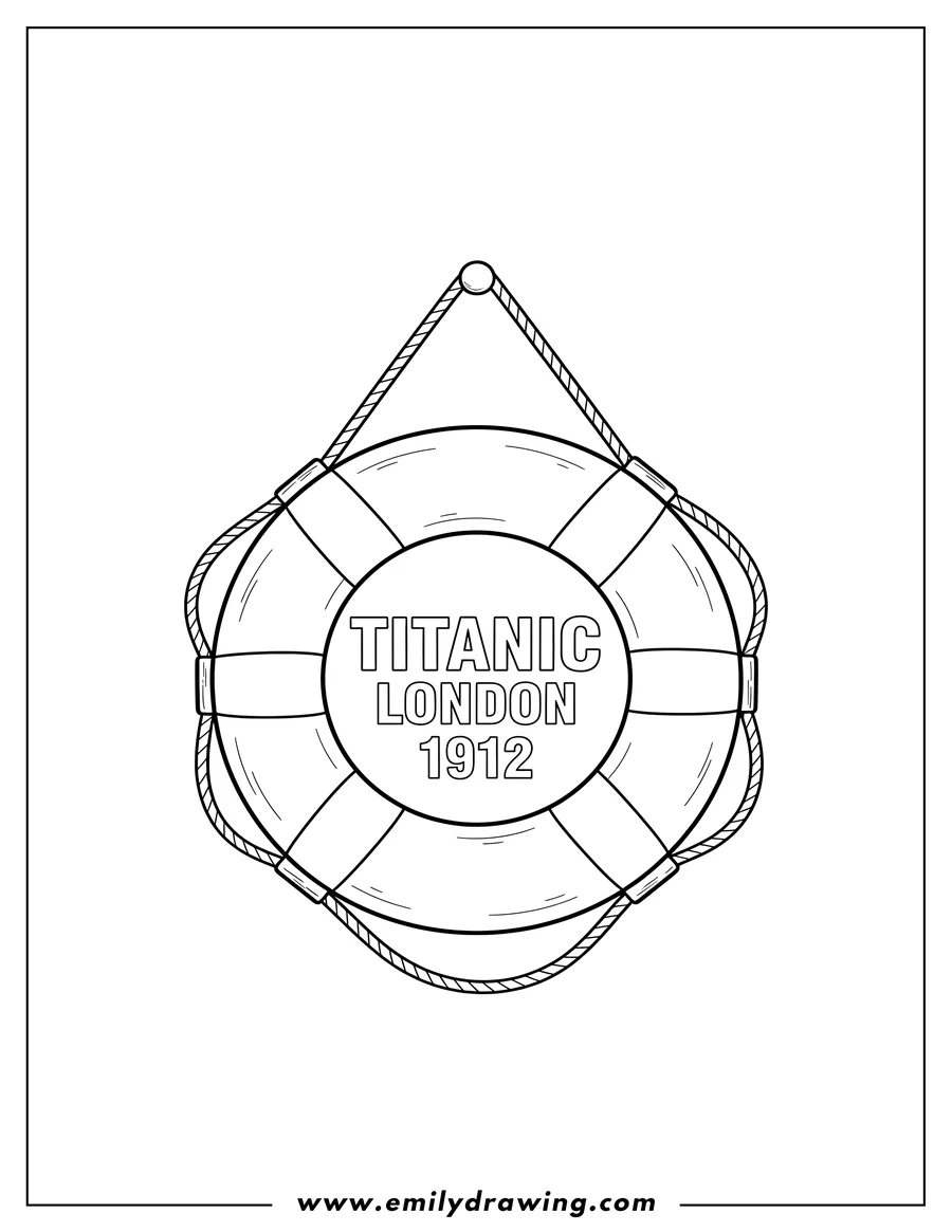 Simple sketch of titanic Lifebuoy with 'TITANIC LONDON 1912' text, hanging to color