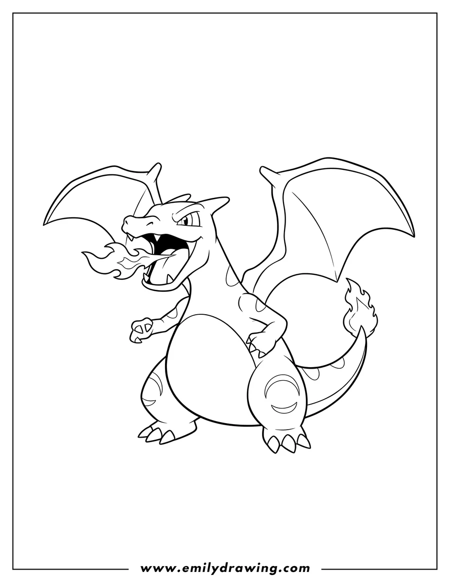 Linear illustration of easy To Color Charizard roaring with wings spread