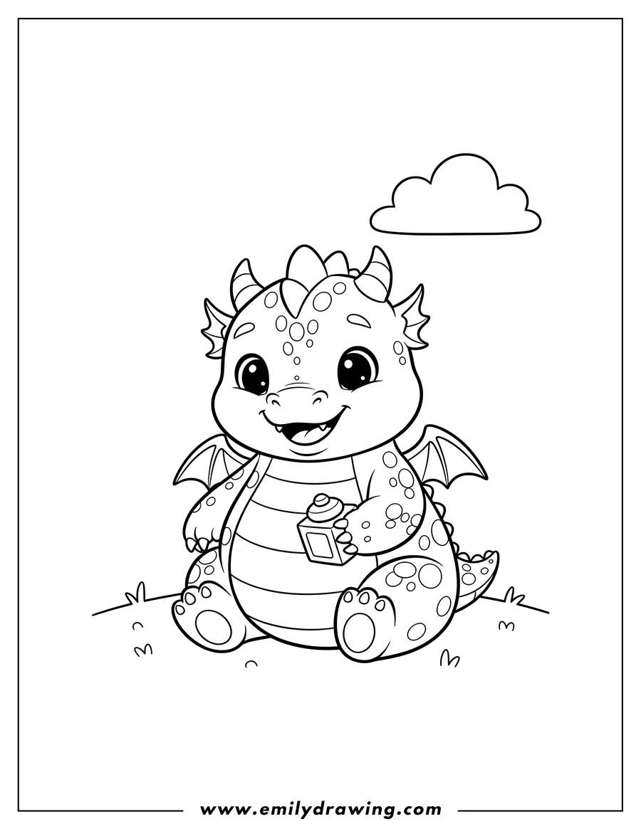 Clean line drawing: easy To Color Dragon Toddler, sitting and smiling