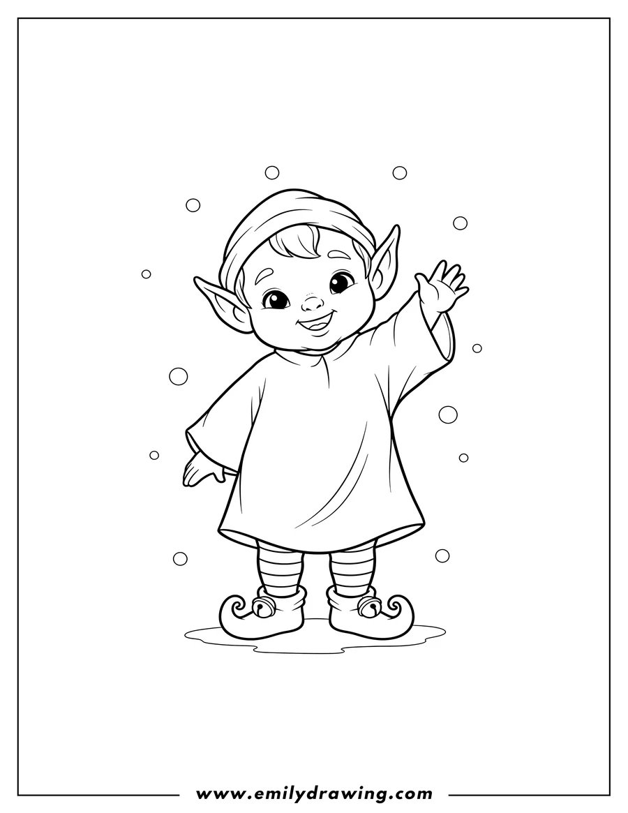 Full page coloring image of easy To Color Elf Toddler Scaled, standing and waving
