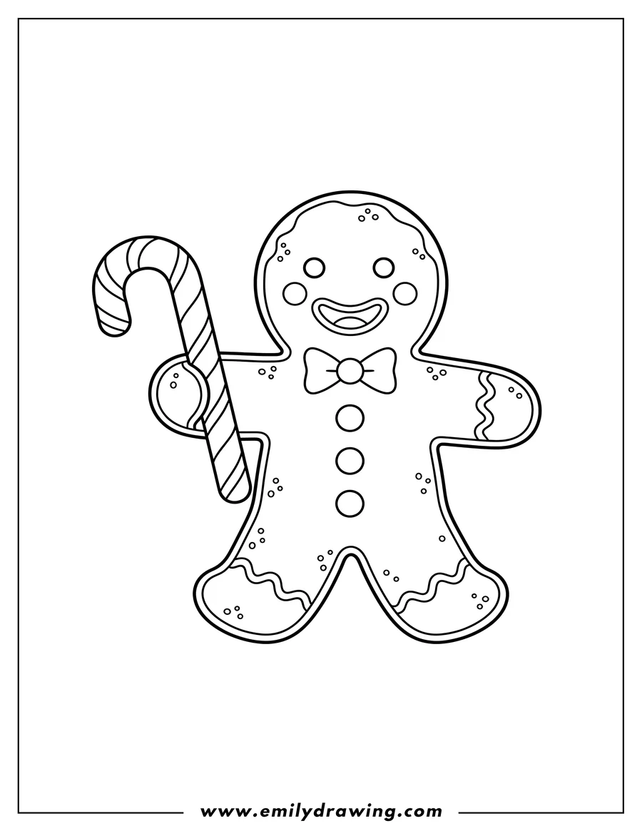 Black and white line art of easy To Color Gingerbread Man holding a candy cane and smiling