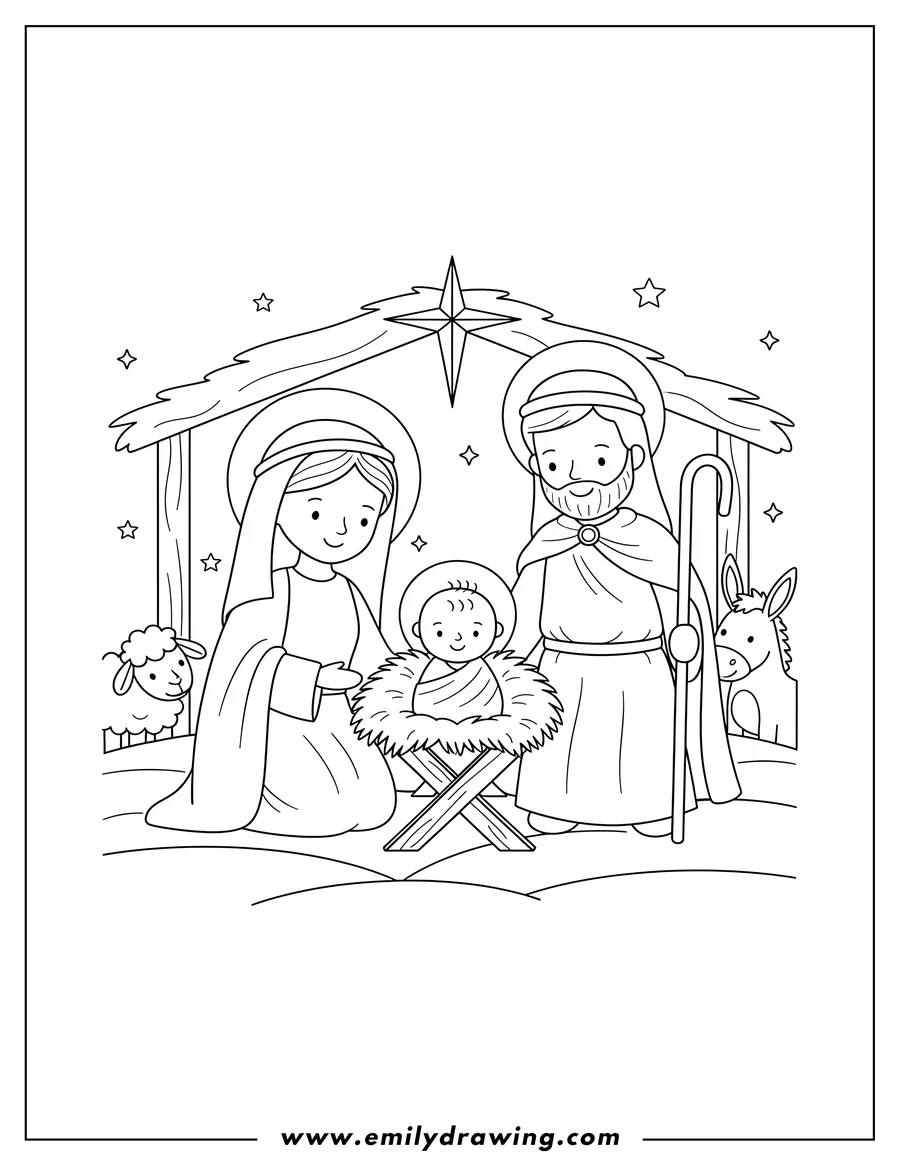 Vector style outline of easy To Color Nativity Scene featuring Joseph, Mary, and baby Jesus cradled in a manger