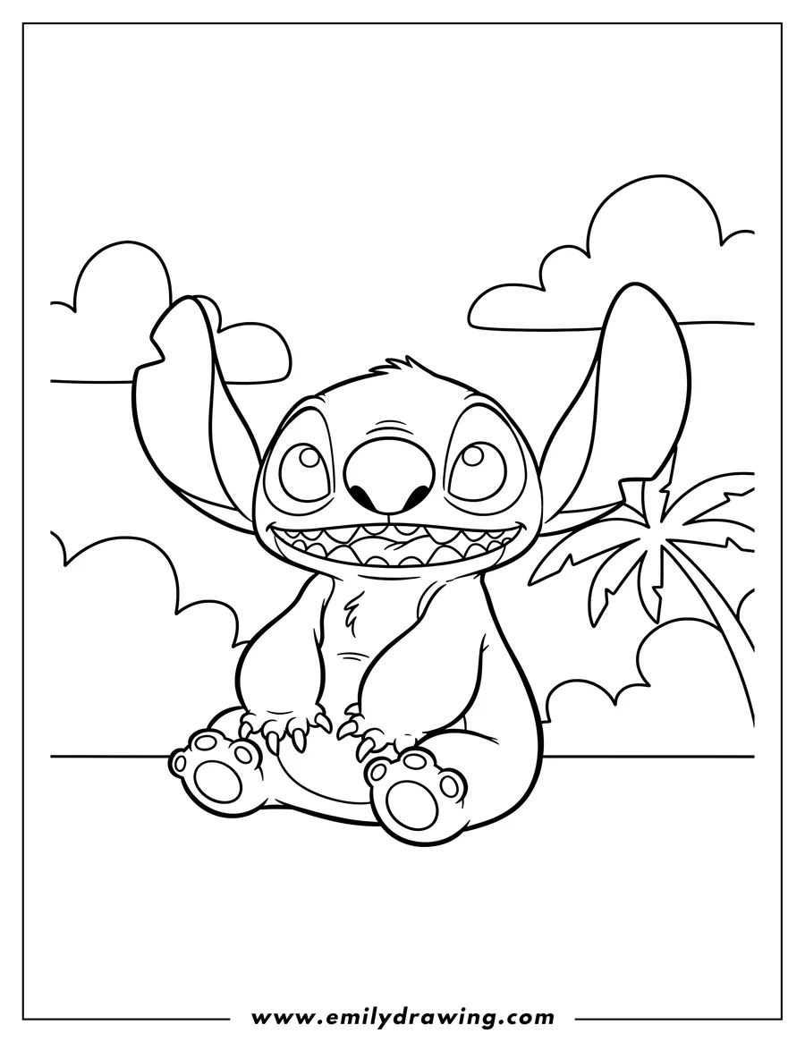 Coloring page of easy To Color Stitch Character Preschoolers Scaled, sitting