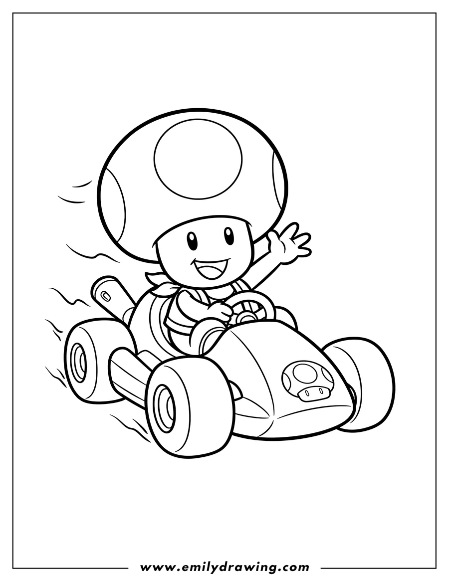 Free to print drawing of easy Toad From Mario Kart, driving and waving