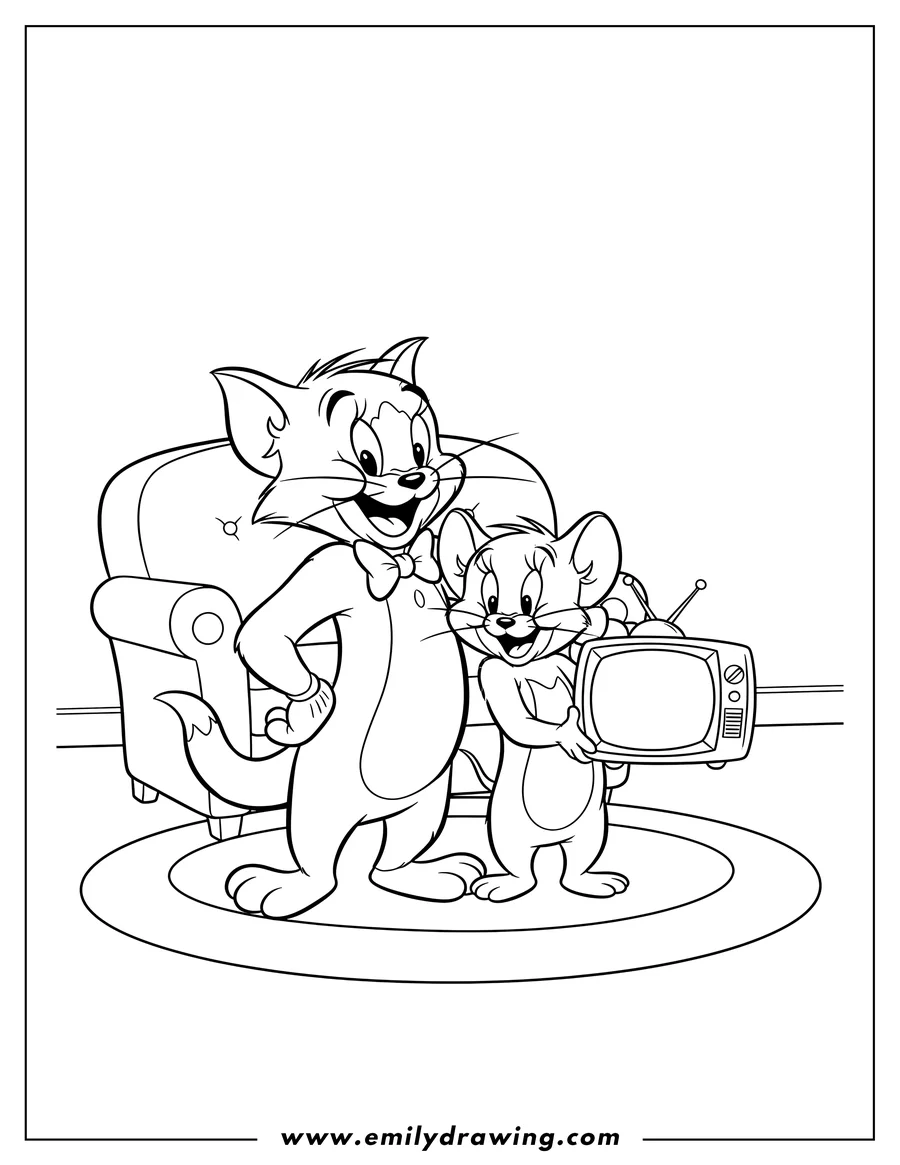 Coloring sheet featuring tom And Jerry Tv smiling together