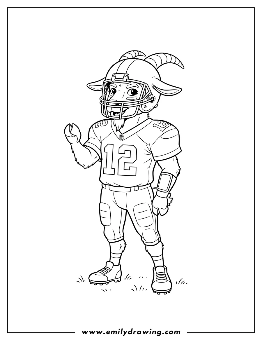 Downloadable coloring page of tom Brady Goat wearing a football uniform with helmet and jersey number 12