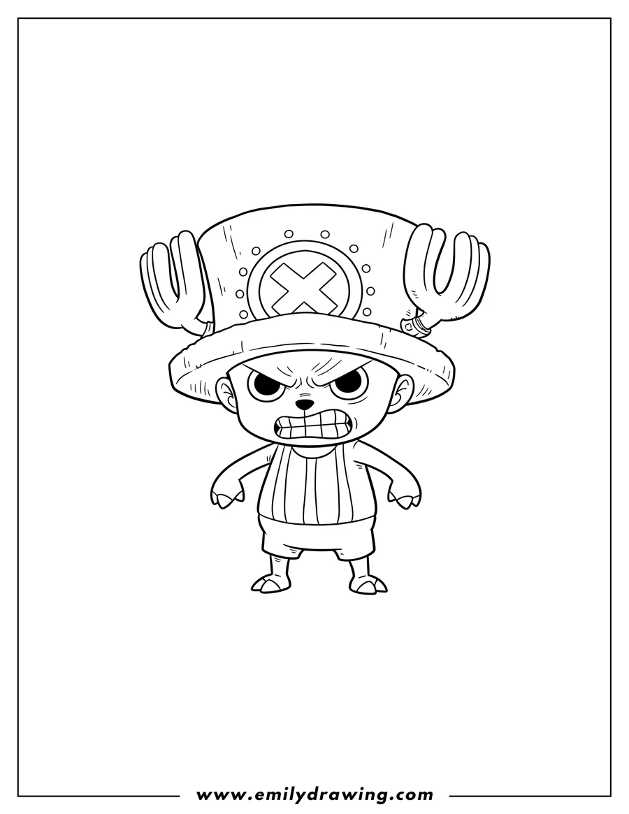 Doodle style coloring picture of tony Tony Chopper wearing his hat, standing with an angry expression