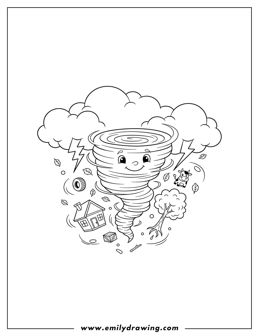PDF style coloring page: easy Tornado With Thunderclouds Tossing a House and Tree, with Flying Debris
