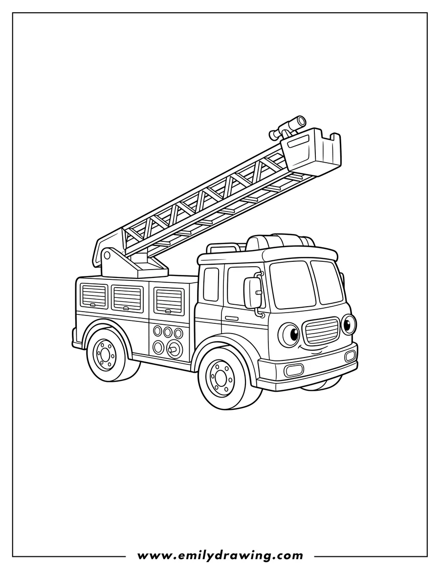 PDF style coloring page: toy Fire Truck With Ladder Scaled, angled side view, with a zigzag ladder