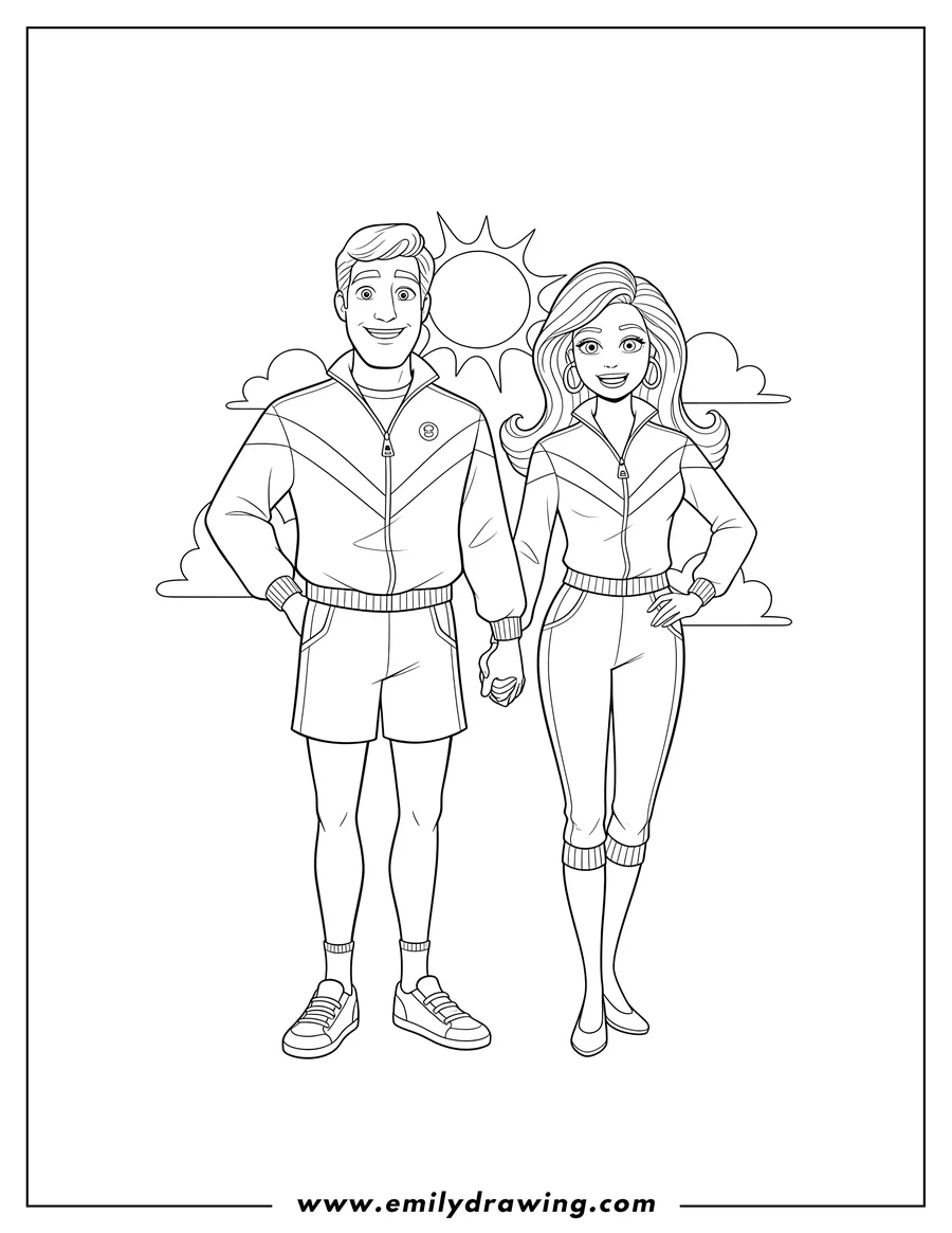 PDF style coloring page: toy Story Ken And Barbie Scaled, smiling and holding hands