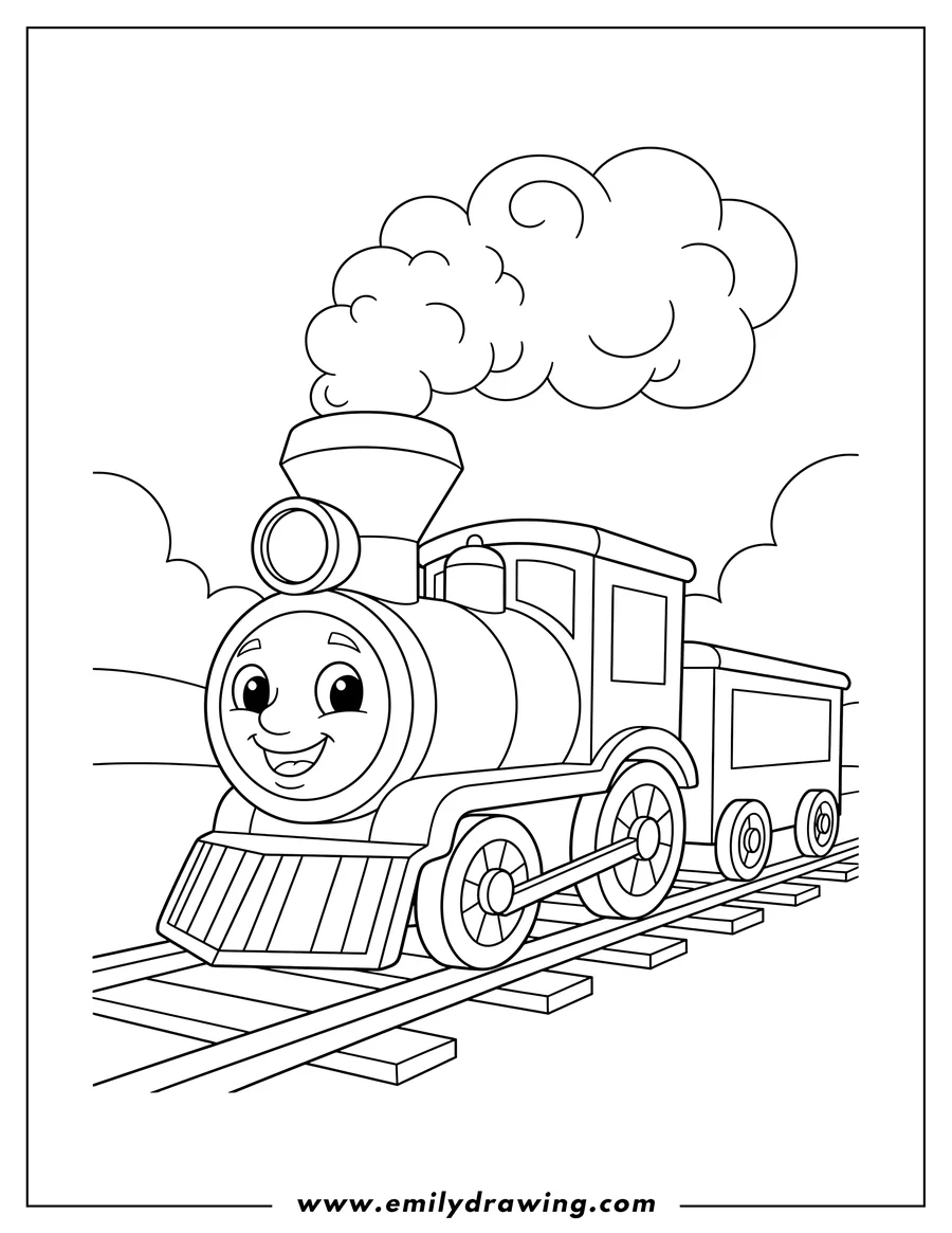 PDF style coloring page: easy Toy Train Preschoolers, steam engine on tracks, emitting smoke