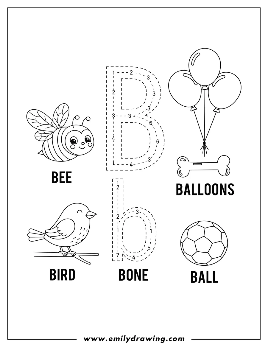 Free printable coloring sheet of traceable uppercase and lowercase Letter B with dotted lines and numbers, alongside a Bee, Bird, Balloons, Bone, and Ball, each labeled with their name