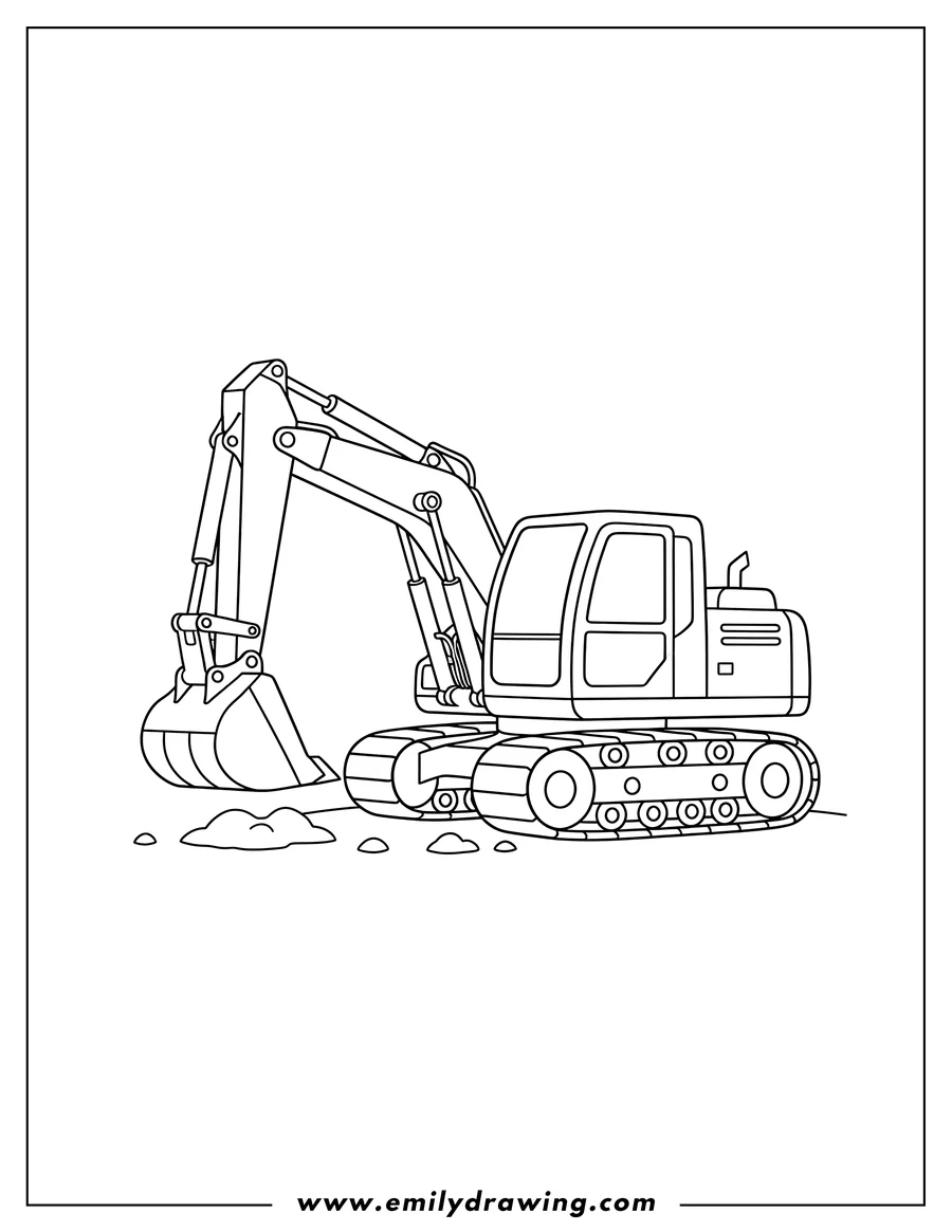 Clean line drawing: easy Tracked Excavator with Digging Bucket To Color
