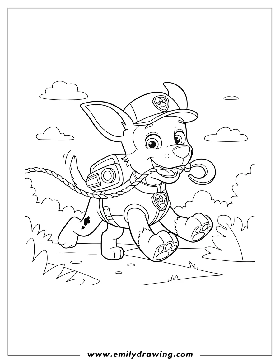 Linear illustration of tracker From Paw Patrol running with his rescue tool