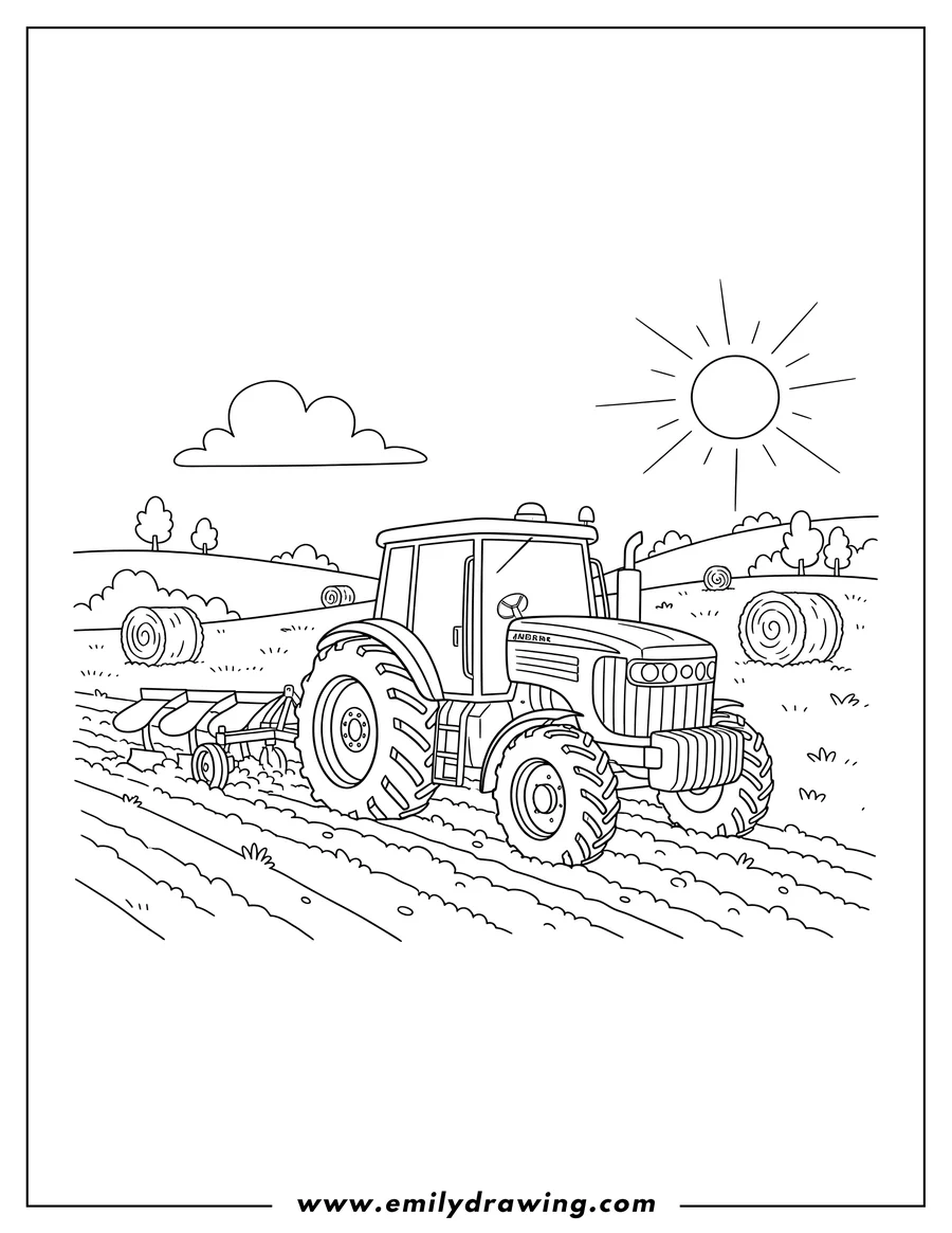 Black and white line art of john Deere Tractor plowing a field with hay bales