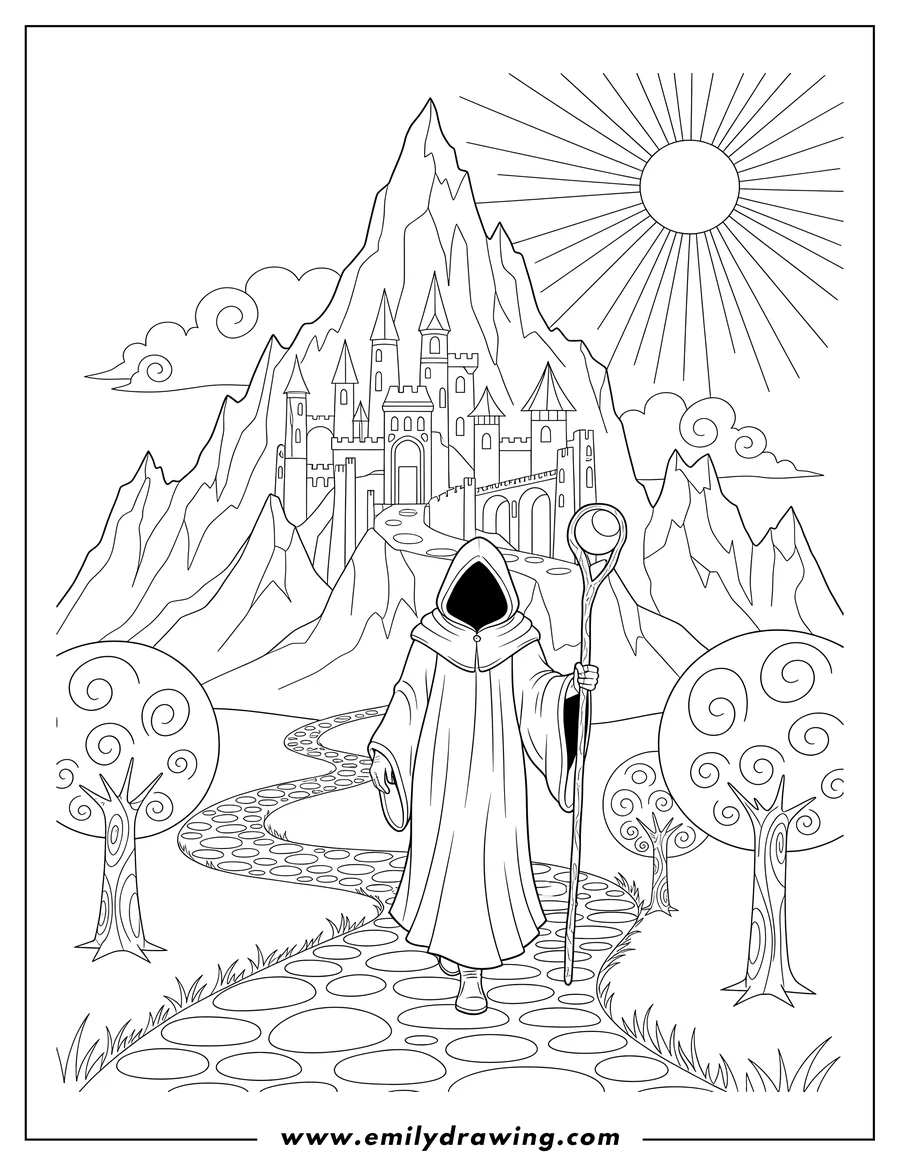 Doodle style coloring picture of traveler in a robe with a staff walking on a path towards a towering fantasy mountain