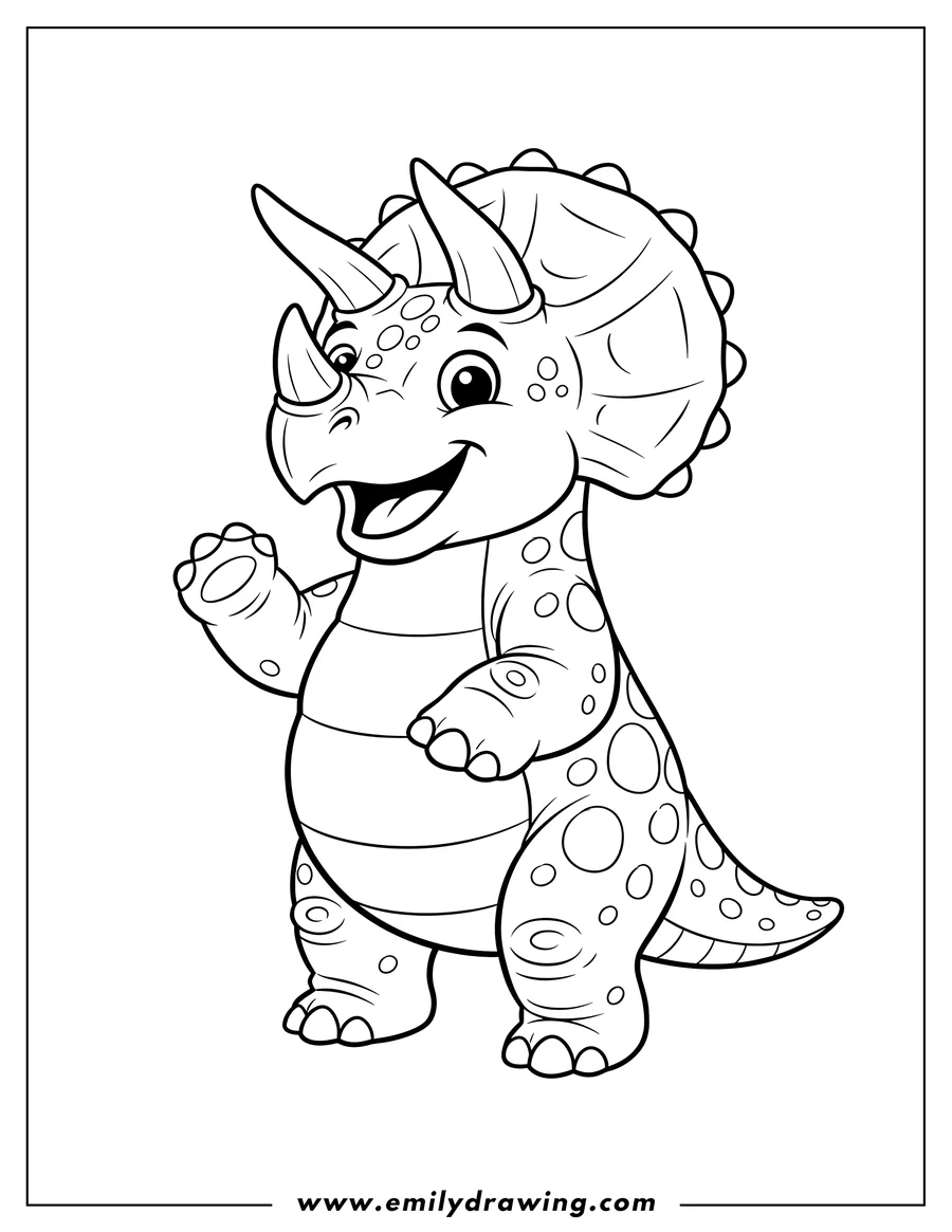 Vector style outline of easy Triceratops Dinosaur To Color Scaled, standing and smiling