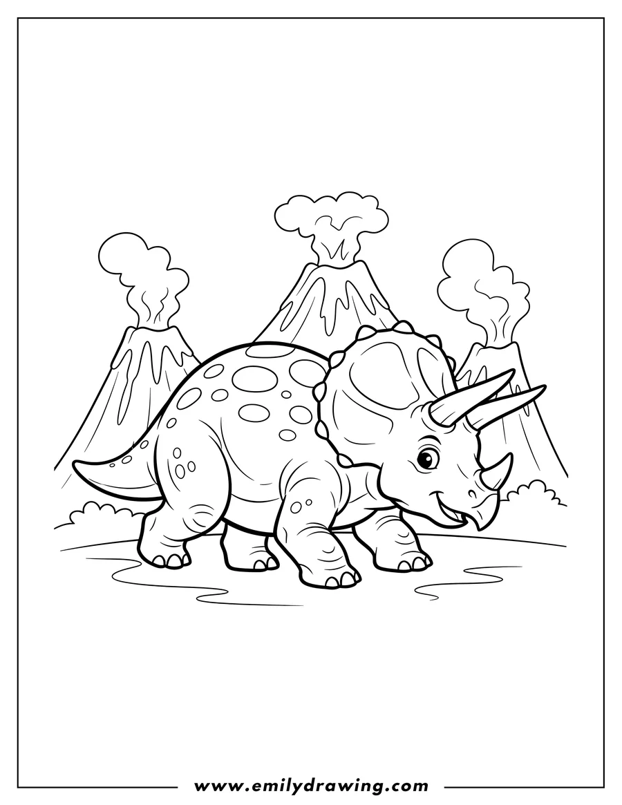 High quality printable triceratops walking with one leg lifted and head lowered, with volcanoes in the background for coloring