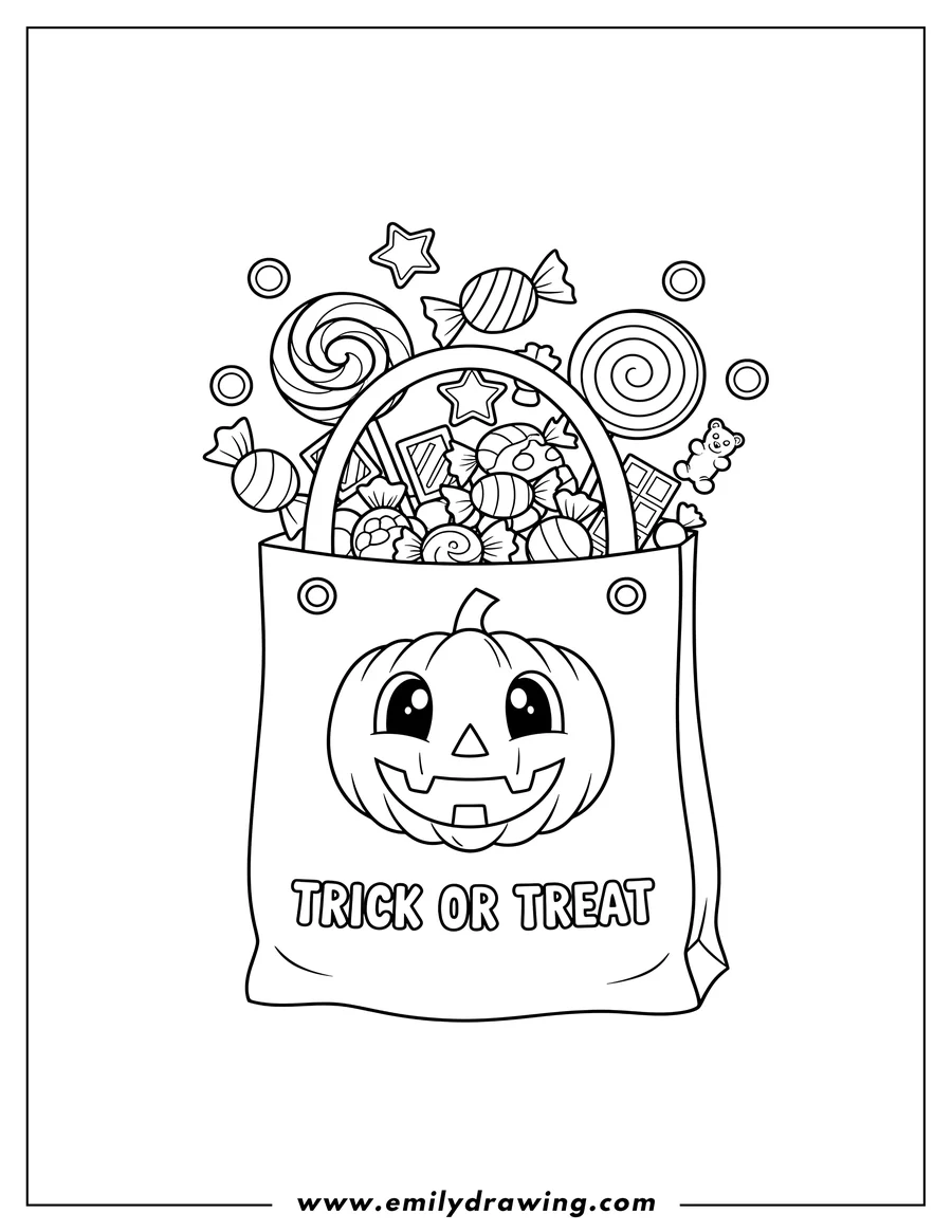 Free printable coloring sheet of easy Trick Or Treat Bag With Candies, featuring a cute face and TRICK OR TREAT text